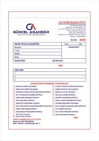 Asansör Bakım Föyü  - A4 Ebat - 2 Renk Baskılı - 2 Nüshalı - Seri Numaralı