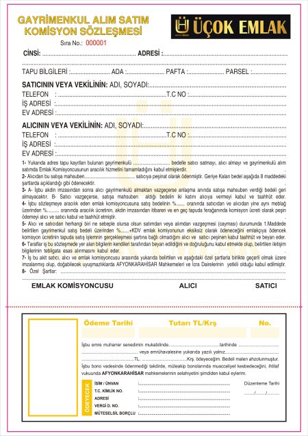 Gayrimenkul Komisyon Alım Satım Sözleşmesi - 2 Nüshalı - 2 Renk Baskılı