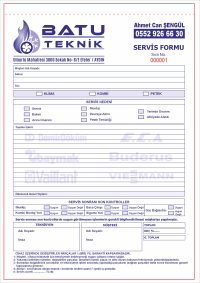 Servis Formu - A4 Ebat - 2 Nüshalı - Seri Numaralı - Tek Renk Baskılı