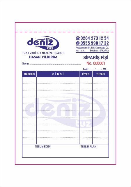 Sipariş Fişi - A6 Ebat - TEK Renk Baskılı -2 Nüshalı - Seri Numaralı