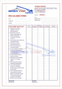 Vinç Çalışma Formu - A4 Ebat - 2 Nüshalı - İki Renk Baskılı